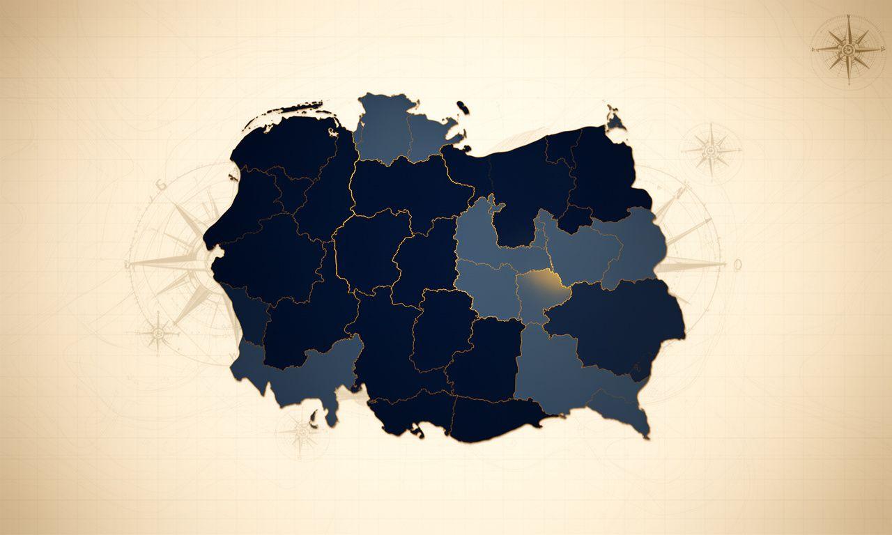 Stylizowana mapa Polski z zaznaczonymi strefami analizy podatkowej i biznesowej