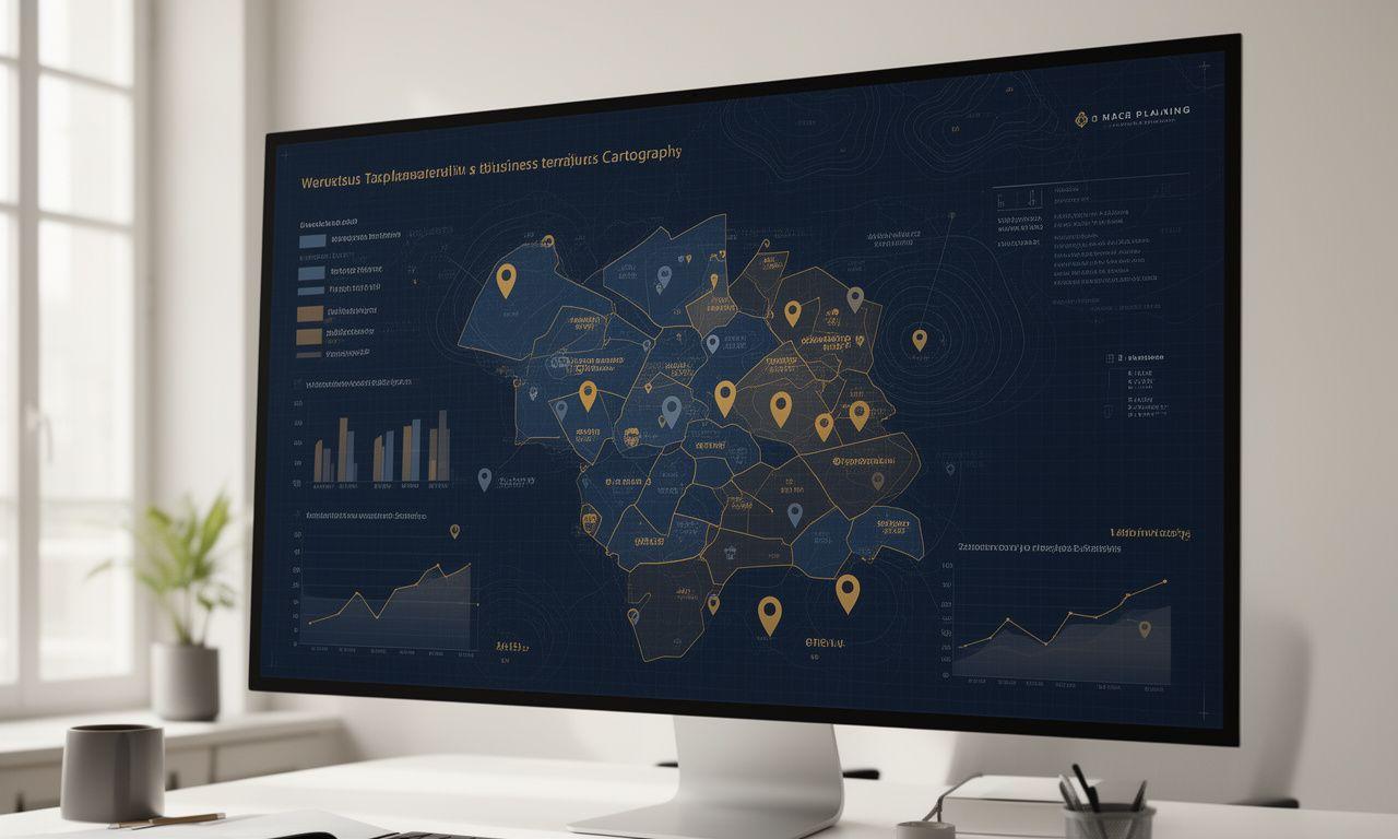 Mapa analityczna pokazująca lokalizacje biznesowe, strefy rynkowe i warstwy danych decyzyjnych