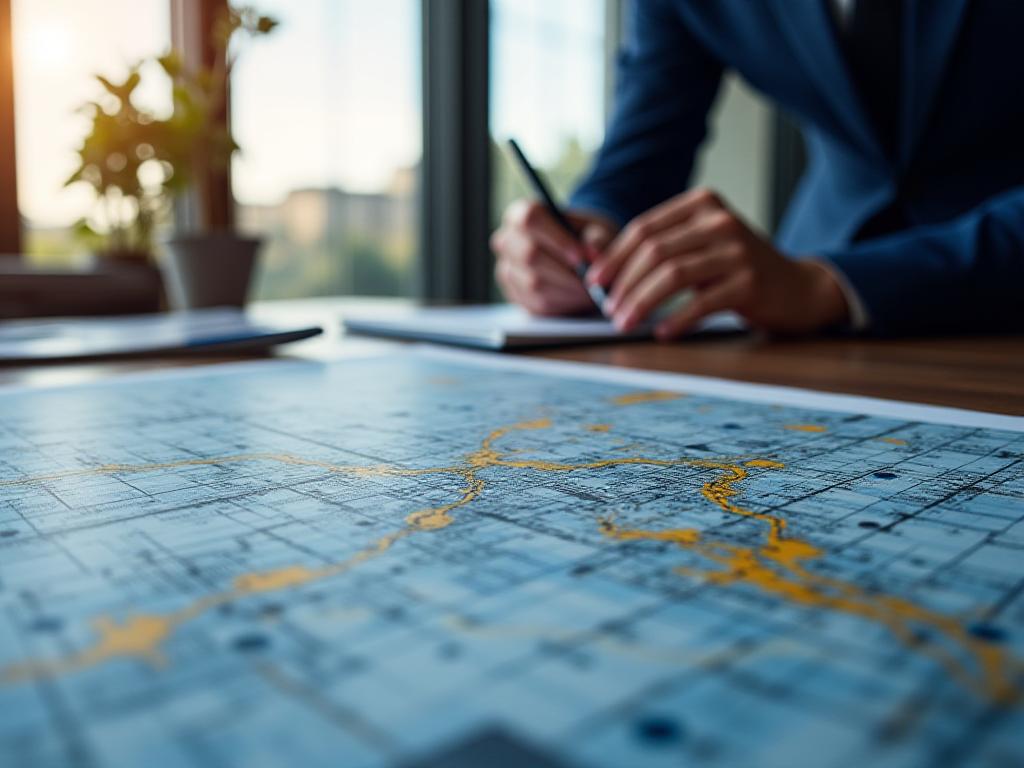 Koncepcyjna ilustracja mapy biznesowej z warstwami procesów, połączeń i punktów orientacyjnych